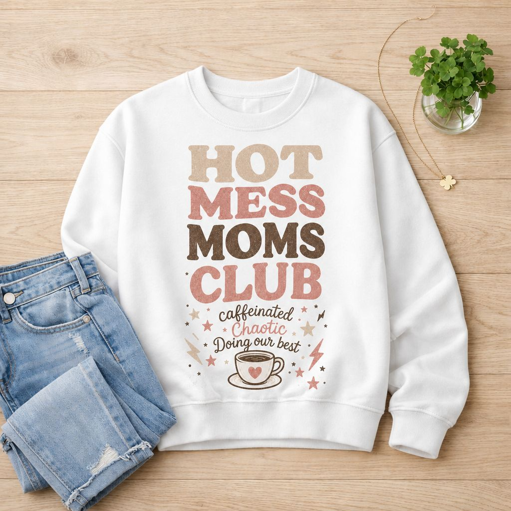 Hot Mess Moms Club sweatshirt | coffee cup graphic, retro script, mom life design