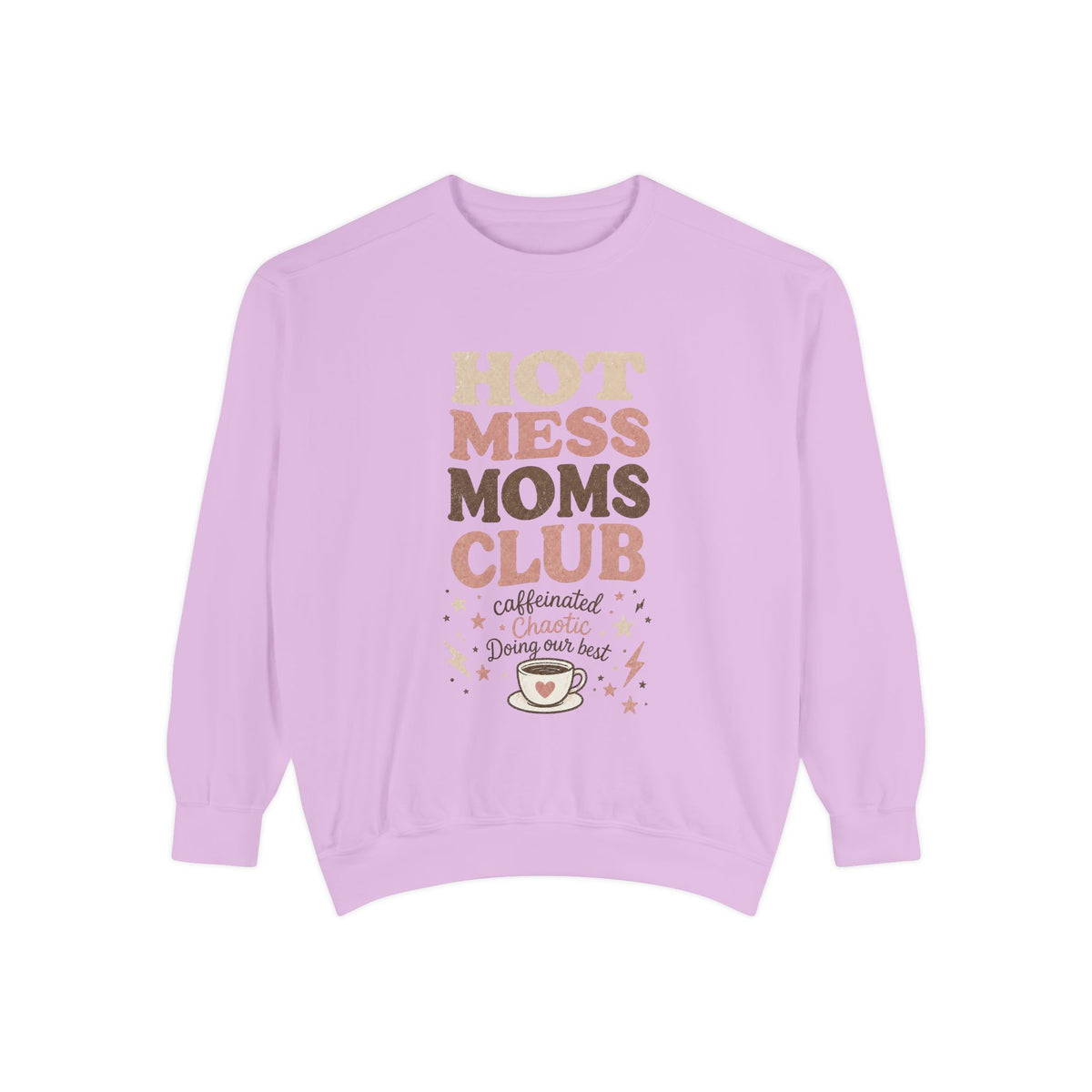 Hot Mess Moms Club sweatshirt | coffee cup graphic, retro script, mom life design